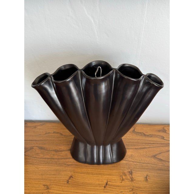 Striking vintage ceramic vase by Red Wing Pottery, USA, model #416, featuring a dramatic fan or shell-inspired silhouette...