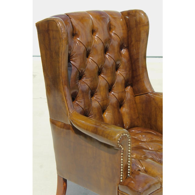 Animal Skin Vintage Tufted Faux Leather Wingback Armchair – Chesterfield Library Chair For Sale - Image 7 of 18