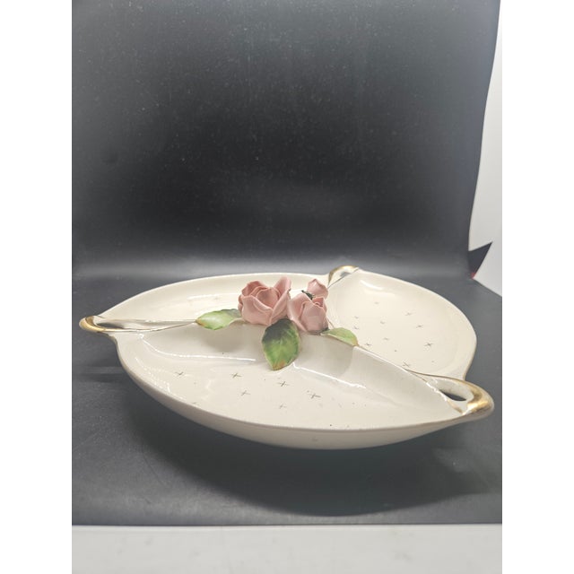 Lefton 3-Part Divided Dish With Capodimonte Roses Midcentury