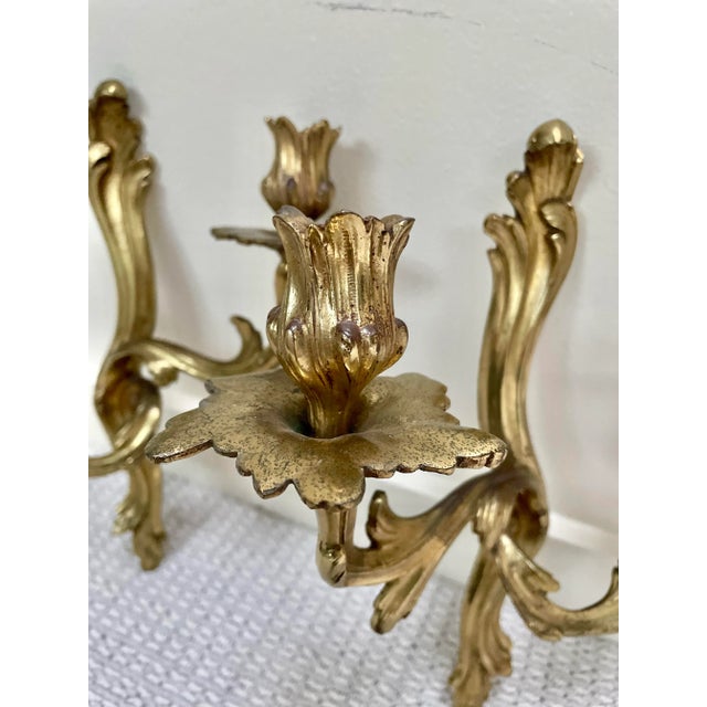 Pair of Louis XV Rococo Style Gilded Candle Sconces For Sale - Image 4 of 9
