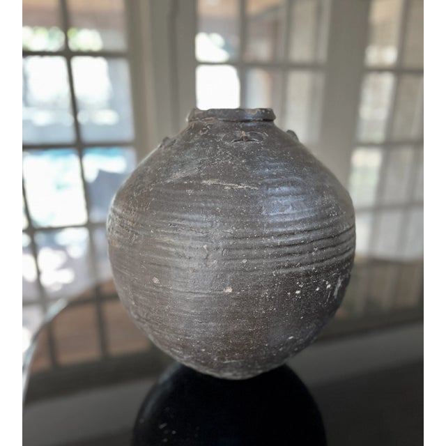 Antique handcrafted pottery. Beautiful hand turned ceramic vase. Matte black glaze. Naturally worn patina, priceless...