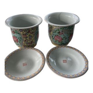 Pair Large 13" Chinese Famille Jaune Phoenix Porcelain Planters & Trays-Heavy For Sale