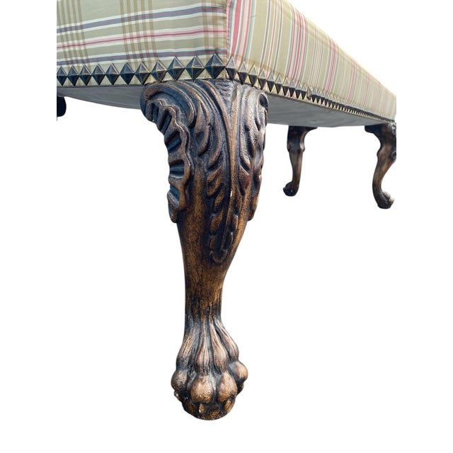 1990s English Chippendale Style Carved Ball-and-Claw Plaid Upholstered Long Bench - 57 Inch For Sale - Image 5 of 12