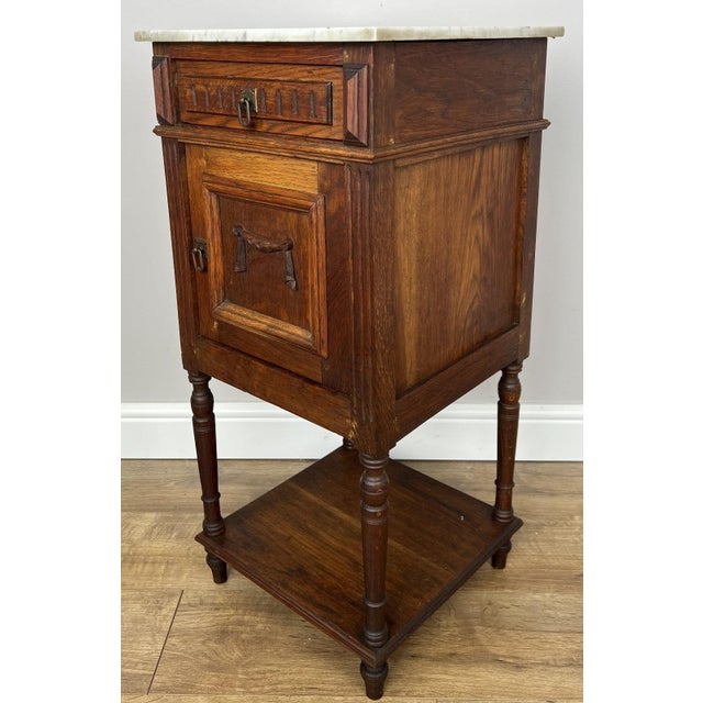 French Bedside Table in Oak with Marble Top For Sale - Image 9 of 17
