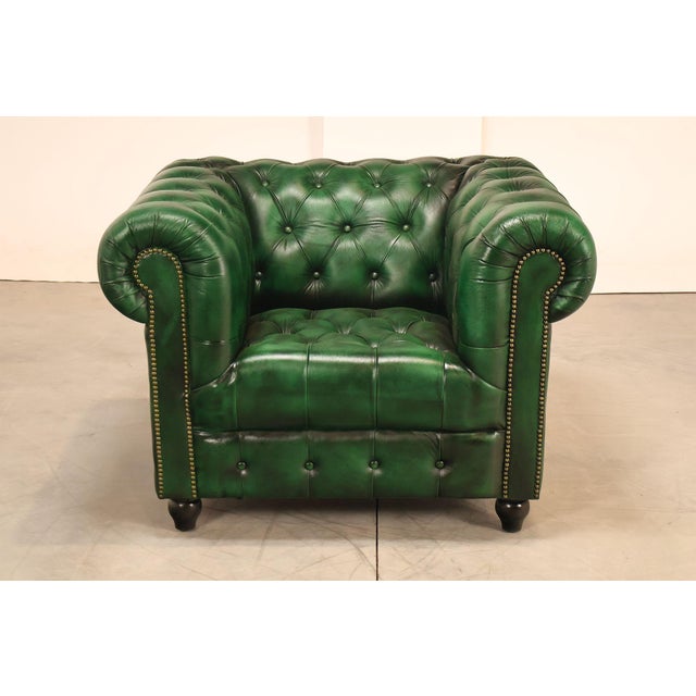 Chesterfield Style Pair of Green Leather Club Chairs For Sale - Image 12 of 16