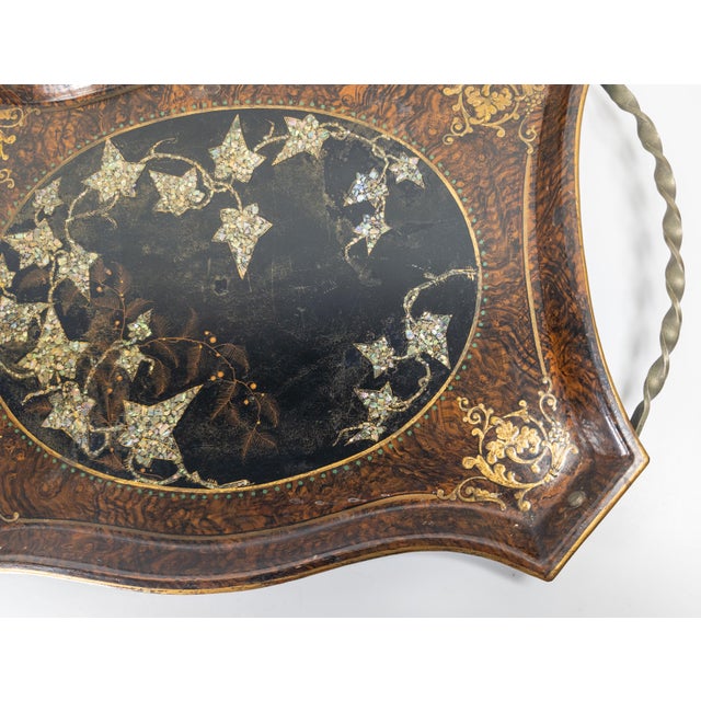 Late 19th Century 19th Century English Victorian Tole Metal Serving Tray With Mother of Pearl and Faux Grain Design For Sale - Image 5 of 18