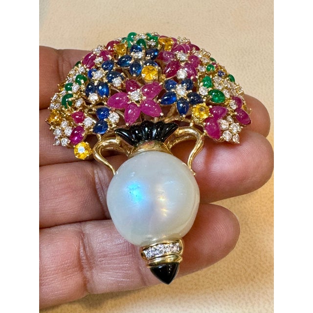 Estate Ruby Sapphire Emerald Diamond & Pearl 18 K Gold Flower Basket Brooch/ pin For Sale In New York - Image 6 of 18
