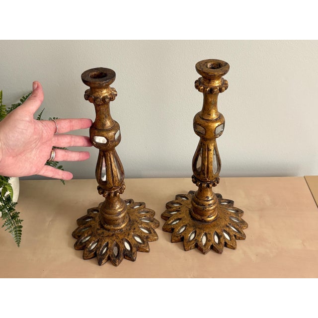 Gold Spanish Florentine Candlesticks - Mirrored Wood, Gilt Gold, Vintage Candle Holders For Sale - Image 8 of 10