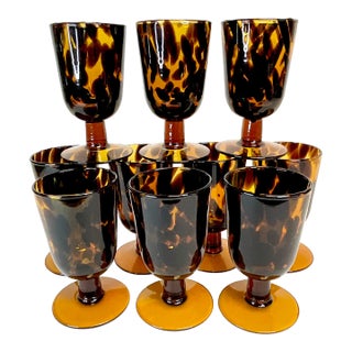 Mid-Century Hollywood Regency Murano Tortoise Glass Wine/Water Goblets - Set of 10 For Sale