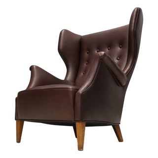 Danish Modern Leather Wingback Lounge Chair, Denmark, Circa 1940s For Sale