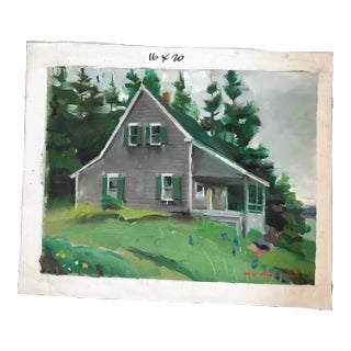 Slate Gray House With Lupins Original Oil Painting For Sale