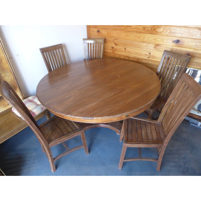 Nice vintage set of a large round teak table with 5 chairs by Chic Teak ready for use outdoor or indoor. Chic Teak still...