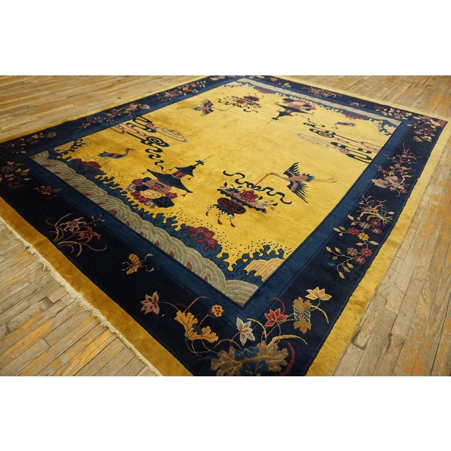 Art Deco 1920s Canary Yellow Scene Pictoral Antique Chinese Art Deco Hand Knotted Rug 9'x 11' 7" Wool Carpet For Sale - Image 3 of 17