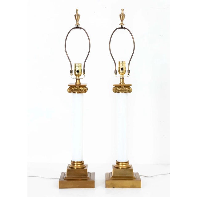 White Pair of Paul Hanson Brass and White Opaline Glass Lamps For Sale - Image 8 of 8