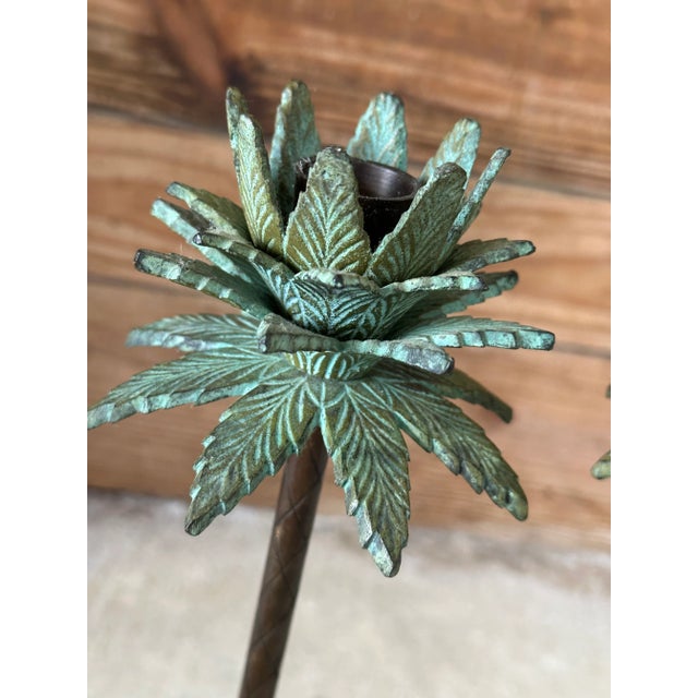 Metal Pair of Tropical Coastal Palm Tree Metal Candlesticks With Verdigris Green Fronds For Sale - Image 7 of 12