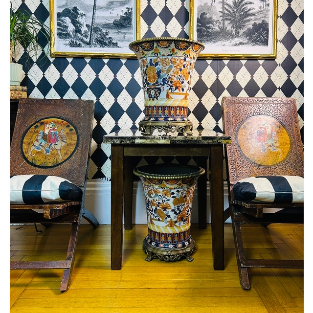 Large Japanese Imari Porcelain Vases With Bronze Mounts - Vintage Pair Indoor Outdoor Planters For Sale - Image 4 of 14