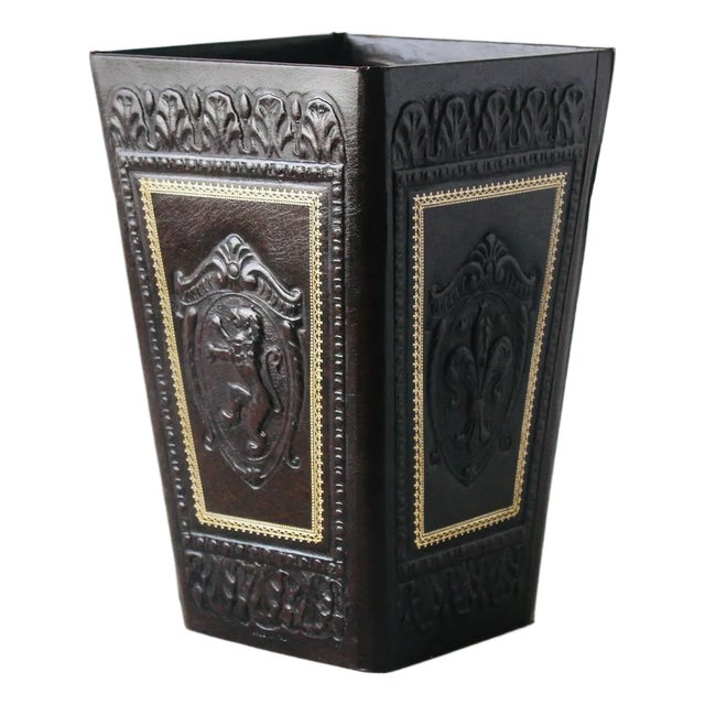 Vintage Italian Embossed Faux Leather Wastebasket For Sale