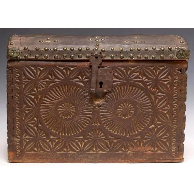 A scarce fine 300-year-old Spanish Colonial era hand carved & leather clad cedar travel chest / coffer, with warm rich...