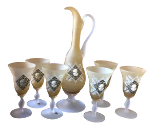 Italian Amber Glass Decanter Set - 7 Piece Set