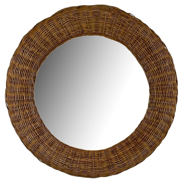 Riviera Style Round Woven Rattan Mirror, France, 1950s For Sale