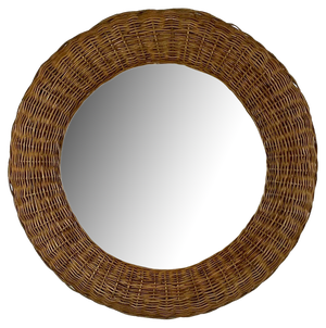 Riviera Style Round Woven Rattan Mirror, France, 1950s