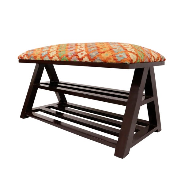 Wood Geometric Kilim Upholstered Handmade Wood Storage Bench For Sale - Image 7 of 11