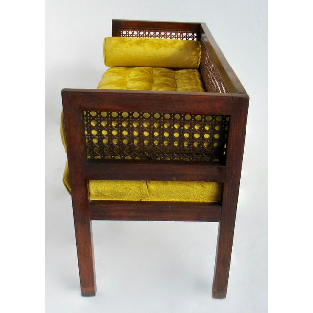 C.1970's Crushed Velvet Velour Button-Tufted Upholstered Caned Wood Bench With Bolster Pillows For Sale - Image 9 of 18