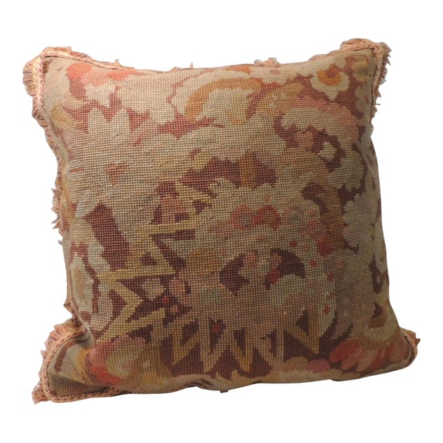 Vintage Gold and Brown Needlepoint Tapestry Square Decorative Pillow For Sale