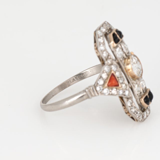 Metal Vintage Art Deco Diamond Ring Coral Onyx Platinum Plaque Size 9.75 For Sale - Image 7 of 7