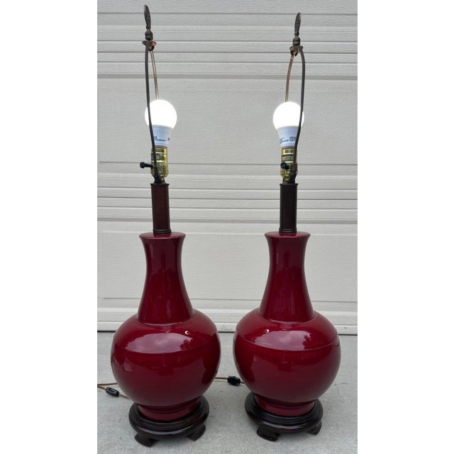 Pair of Vintage Chinese Oxblood Red Glazed Ceramic Table Lamps – 33.5" For Sale - Image 15 of 18
