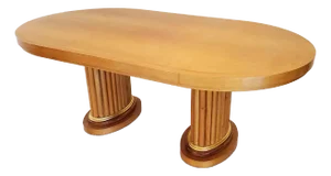 1970s An Art Deco Style Oval Top With Two Fluted Pedestals Blonde Wood Dining Table