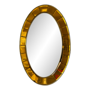 Mid 20th Century Oval Gold Hand-Cut Beveled Glass Mirror Model 2727 by Cristal Art