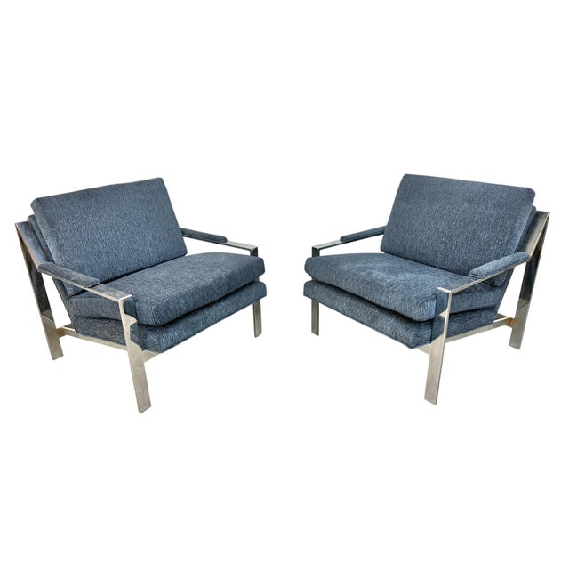 Elevate your space with this stunning pair of vintage flat bar chrome armchairs, expertly crafted in the iconic style of...