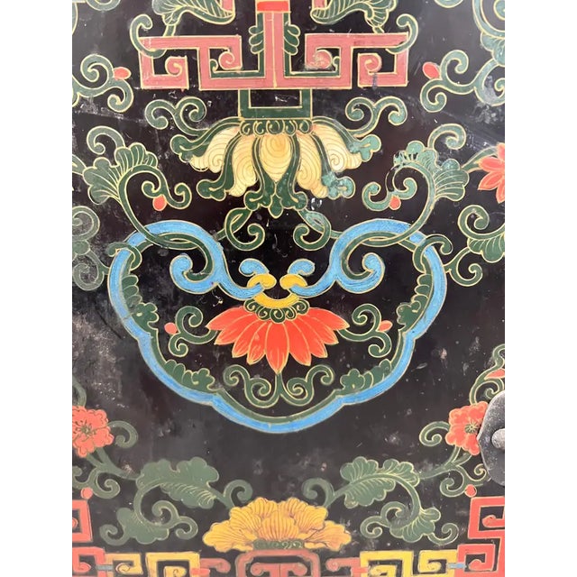 Vintage Asian Black Lacquered Cabinet or Chest With Hand-Painted Floral Motif For Sale - Image 9 of 14