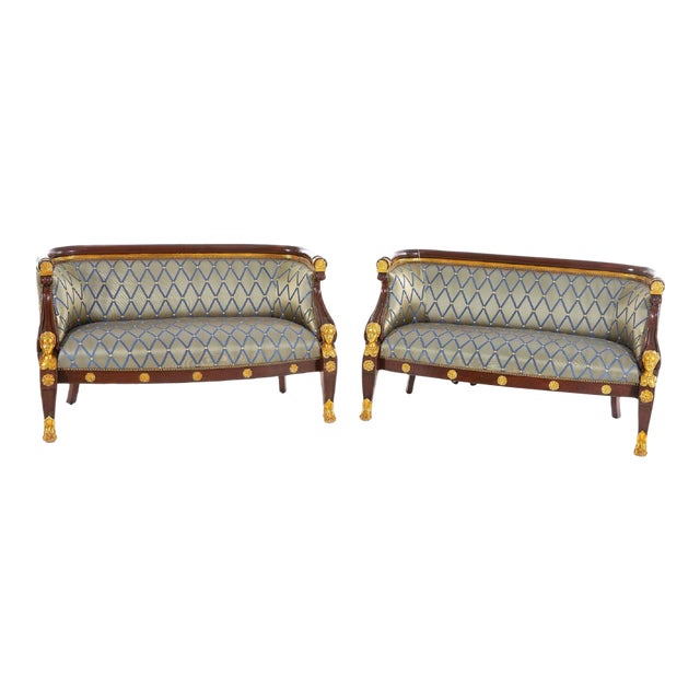 Pair of William Switzer French Empire Style Settees Carved Mahogany, 20th Century For Sale