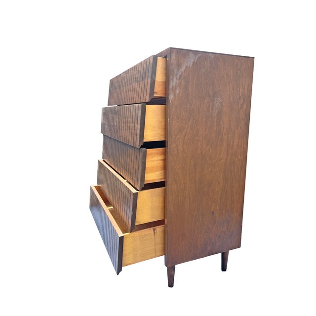 Brown Vintage Mid Century Modern Tall Highboy Dresser in Tessellated Layered Design Chest of Drawers For Sale - Image 8 of 9