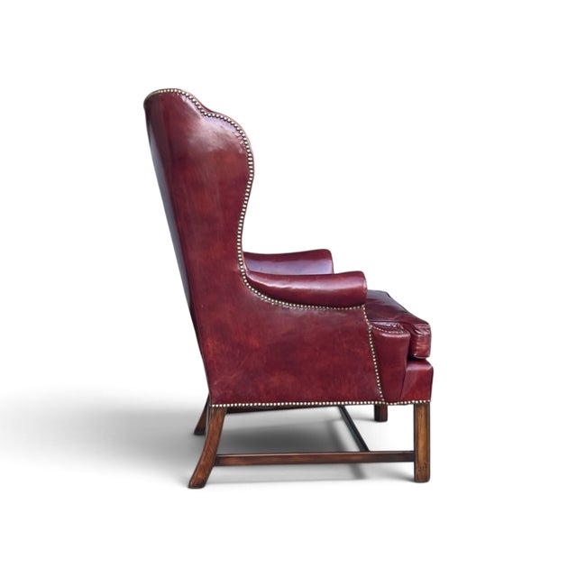 Baker Furniture Company Vintage Burgundy Leather Wingback Chair With Brass Nailhead Trim by Baker For Sale - Image 4 of 18
