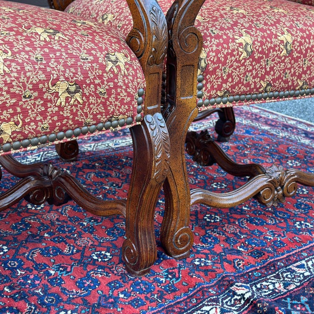 Thomasville Carved French Country Oversized Fireside Open Arm Chairs in Elephant Print Upholstery - a Pair For Sale - Image 10 of 12
