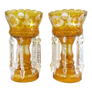 1910s Bohemian Amber Etched Glass Mantle Lusters With Hanging Crystal Prisms Set of 2 For Sale