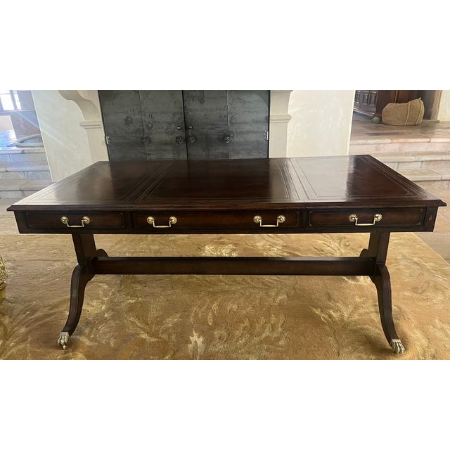 Maitland-Smith Embossed Leather Wrapped Partners Desk W/ Brass Hardware For Sale - Image 9 of 18