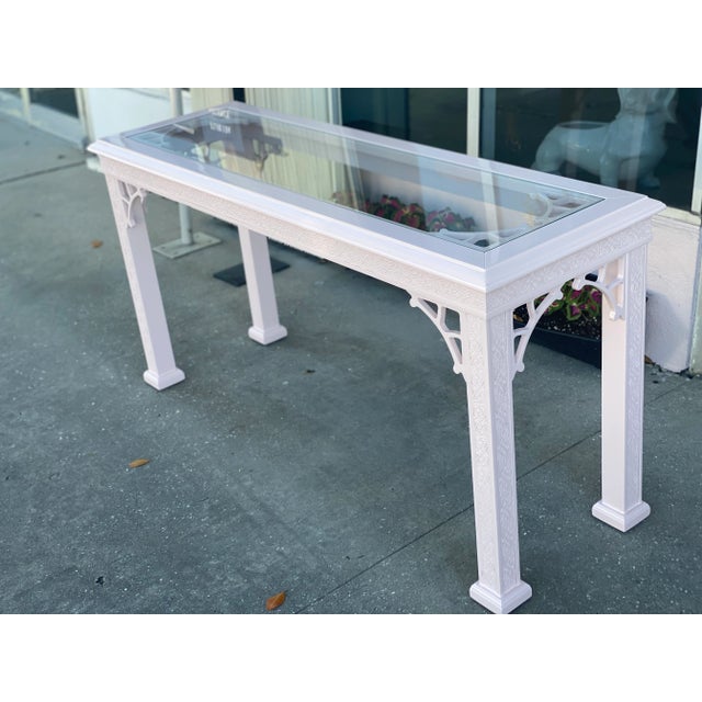 Wood Vintage John Stuart Palm Beach Coral Lacquered Fretwork Glass Top Console Table For Sale - Image 7 of 13