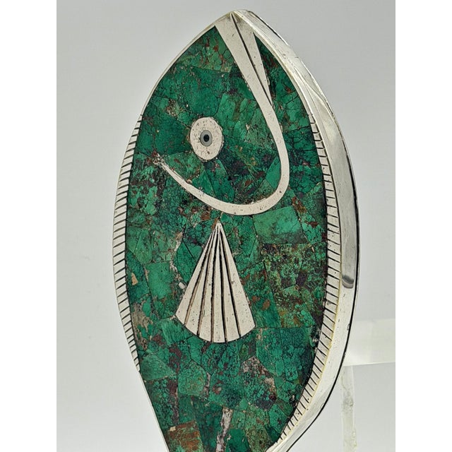 Emilia “Mimi” Castillo Taxco Malachite Silver Plate Fish Hand Mirror, 1970s For Sale - Image 10 of 18