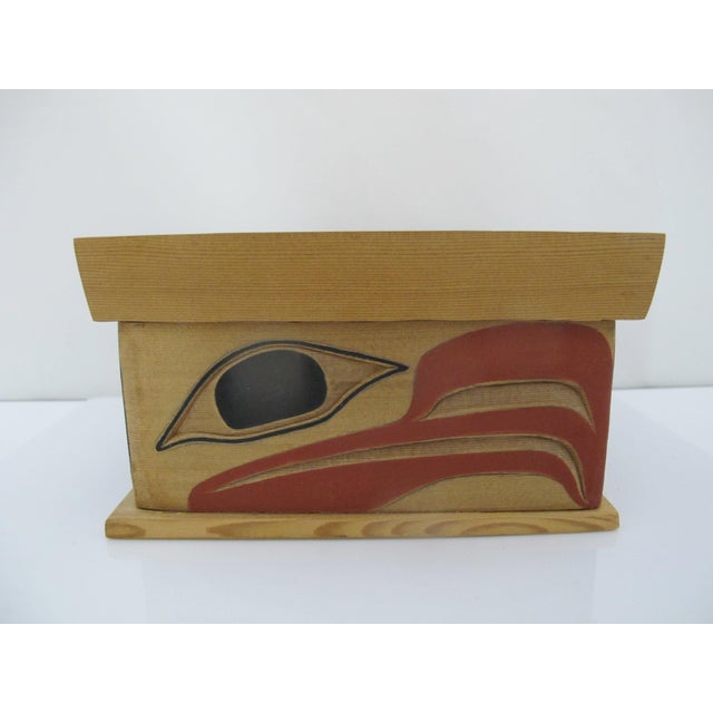 Northwest Coast Indigenous hand-carved and painted bentwood box with lid featuring a traditional eagle design in red and...