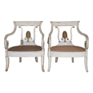 Pair 19th Century Swedish Painted Armchairs With Cane Seats, Gustavian Influence For Sale
