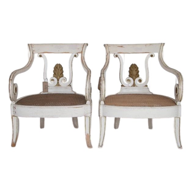Pair 19th Century Swedish Painted Armchairs With Cane Seats, Gustavian Influence For Sale