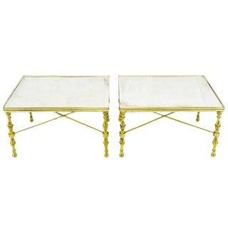 Brass Gallery and Carrara Marble Regency X-Base Side Tables For Sale