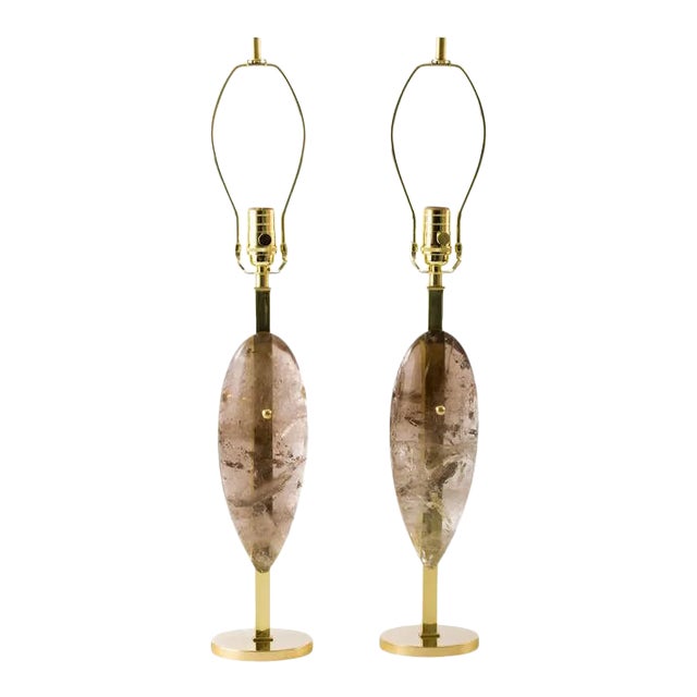 Smoky Quartz Crystal and Brass Teardrop Table Lamps by Marcelo Bessa - a Pair For Sale