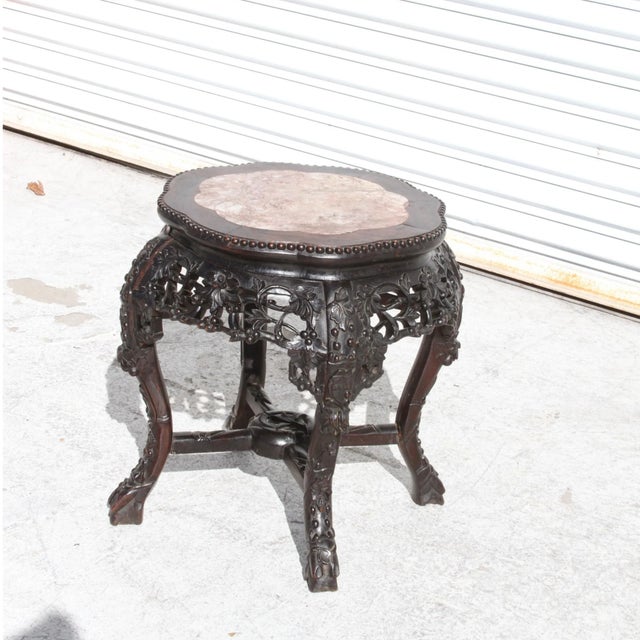 Chinese Chinese Carved Hongmu Wood Stand With Marble Insert For Sale - Image 3 of 9