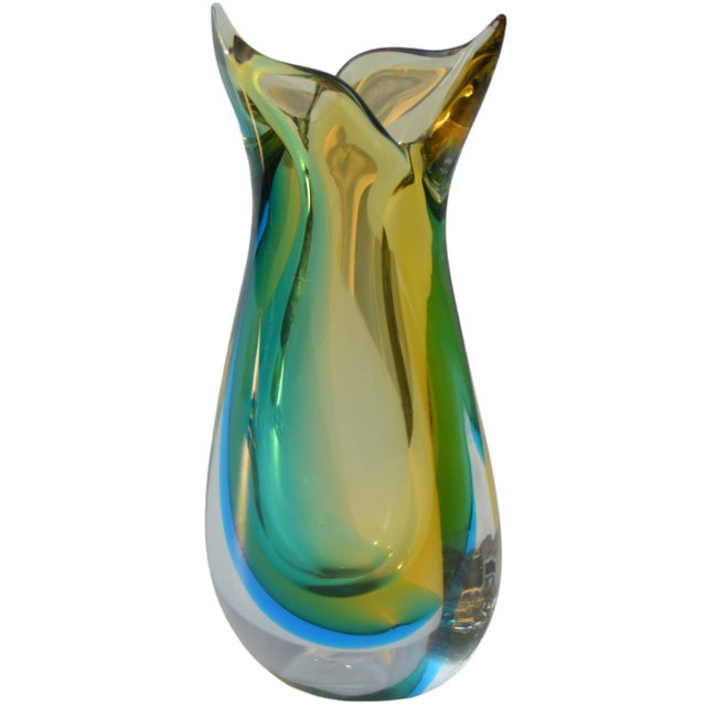 Midcentury handblown colorful heavy glass vase in ornate pointed oval shape and elegant details. Jazzy color combination....