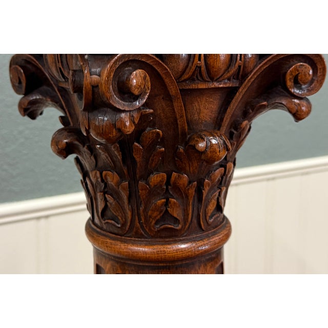 Antique French Oak Corinthian Column Pedestal Plant Stand Newel Post For Sale In Dallas - Image 6 of 16